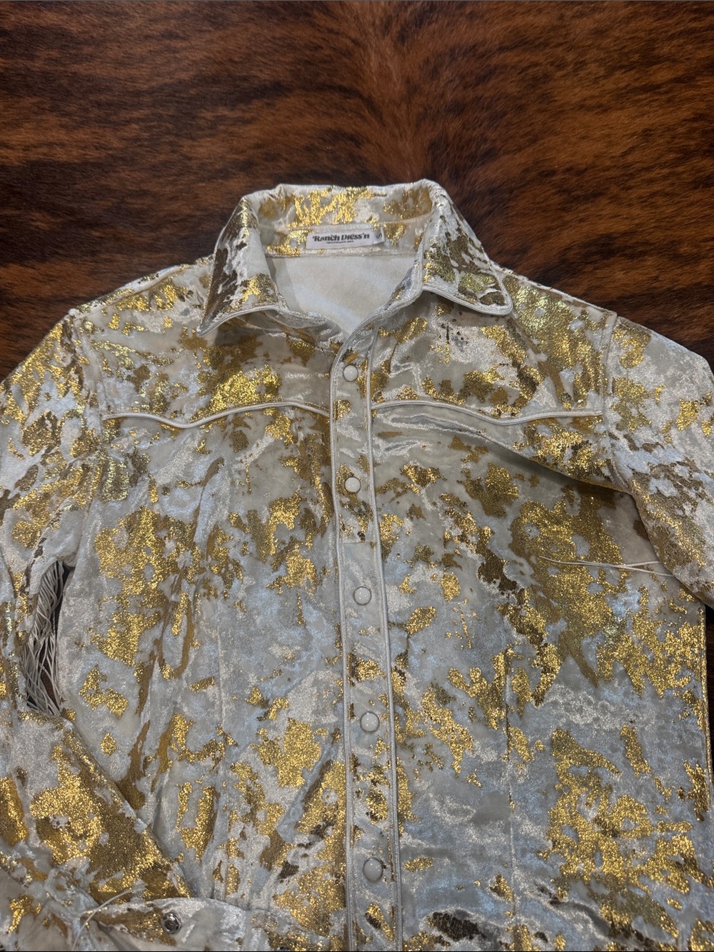 Ranch Dress’n GOLD GILDED VELVET WITH FRINGE PERFORMANCE RODEO SHIRT - Picture 6 of 7